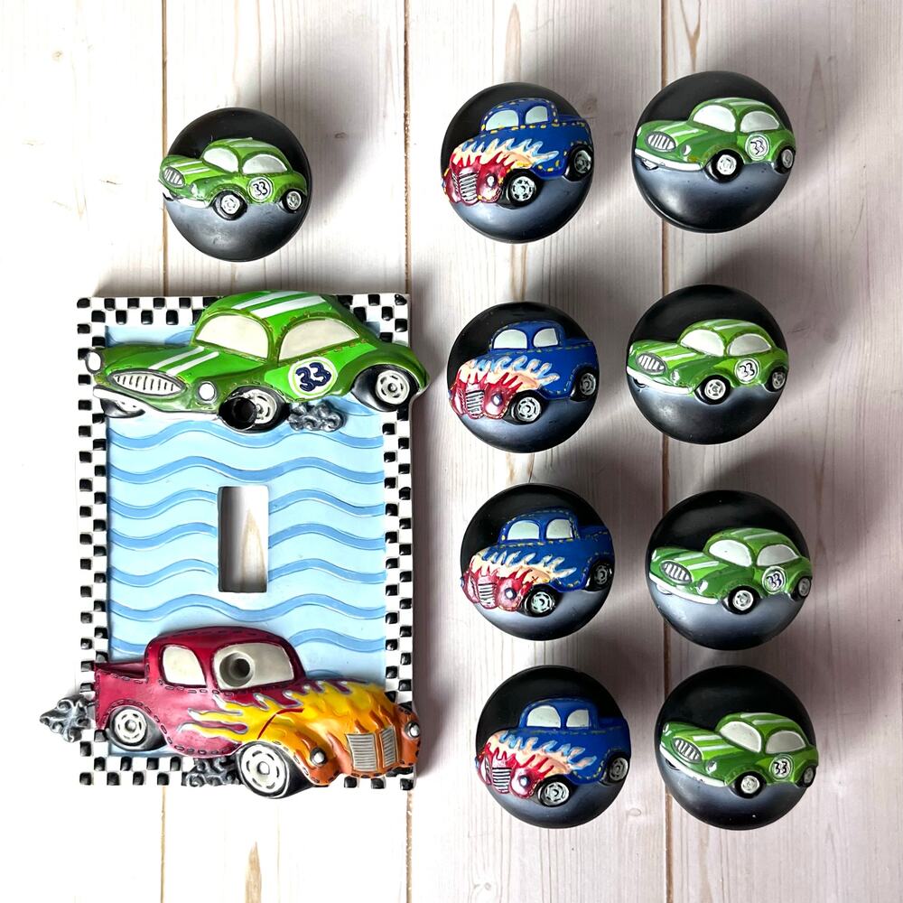 Whimsical Race Cars Switch Plate & 9 Cabinet Knobs Borders Unlimited Fast & Fun